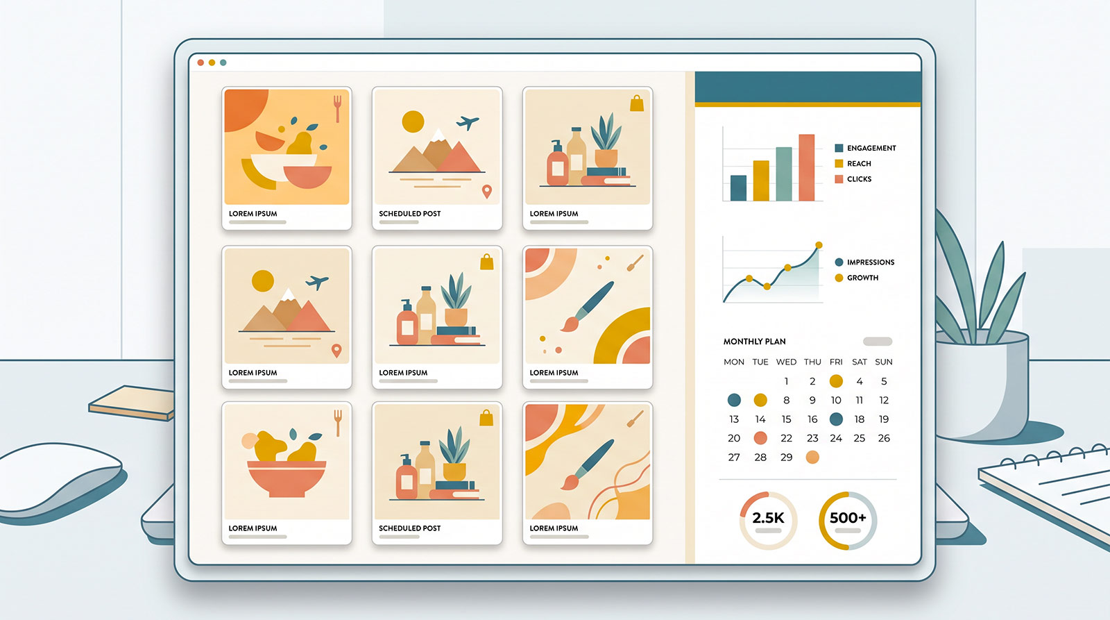 Mockup di un piano editoriale social con griglia di contenuti Instagram e dashboard analytics laterale