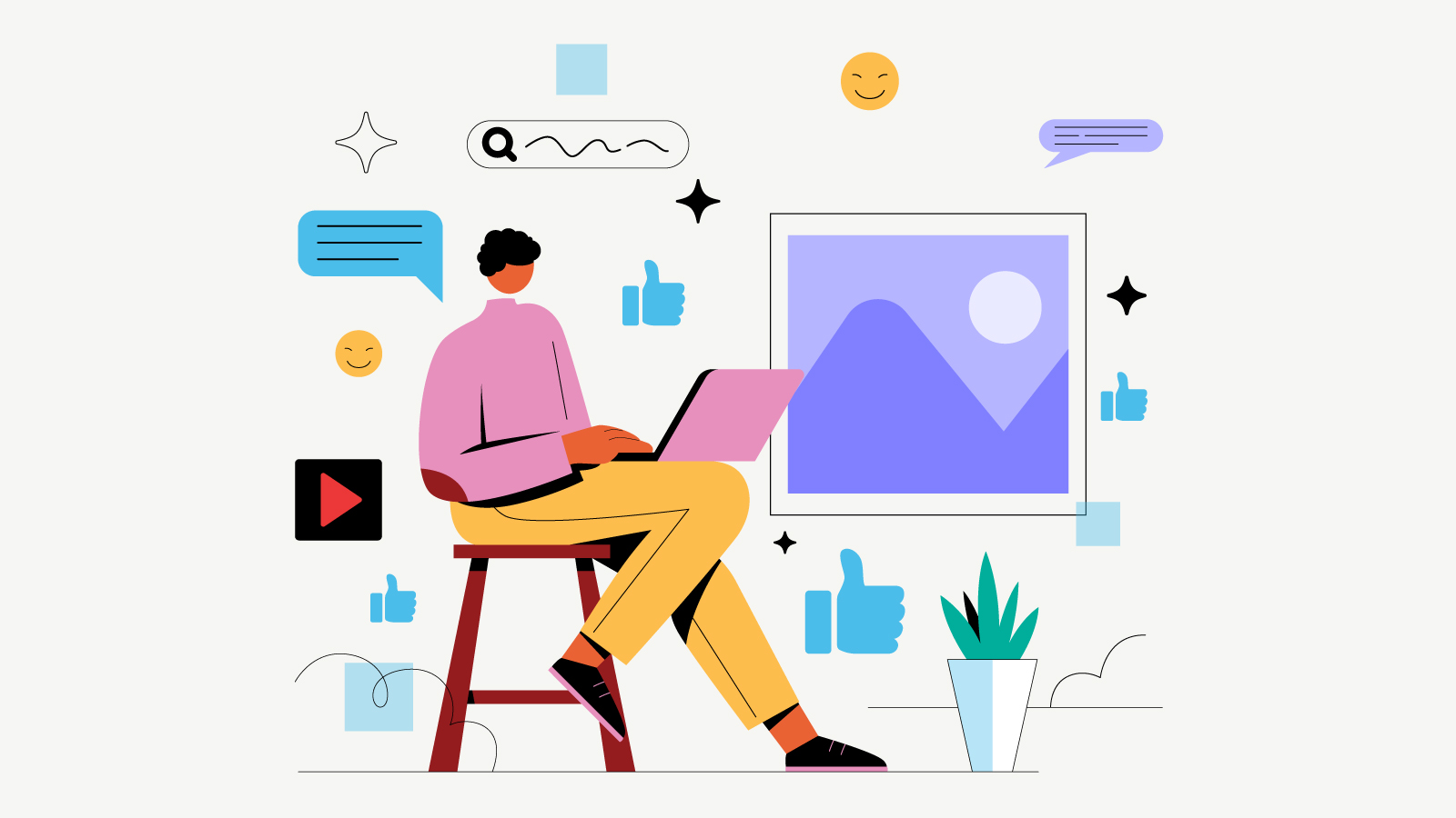 Illustrazione di un content creator al lavoro sul laptop, circondato da icone social: like, chat, video e immagini