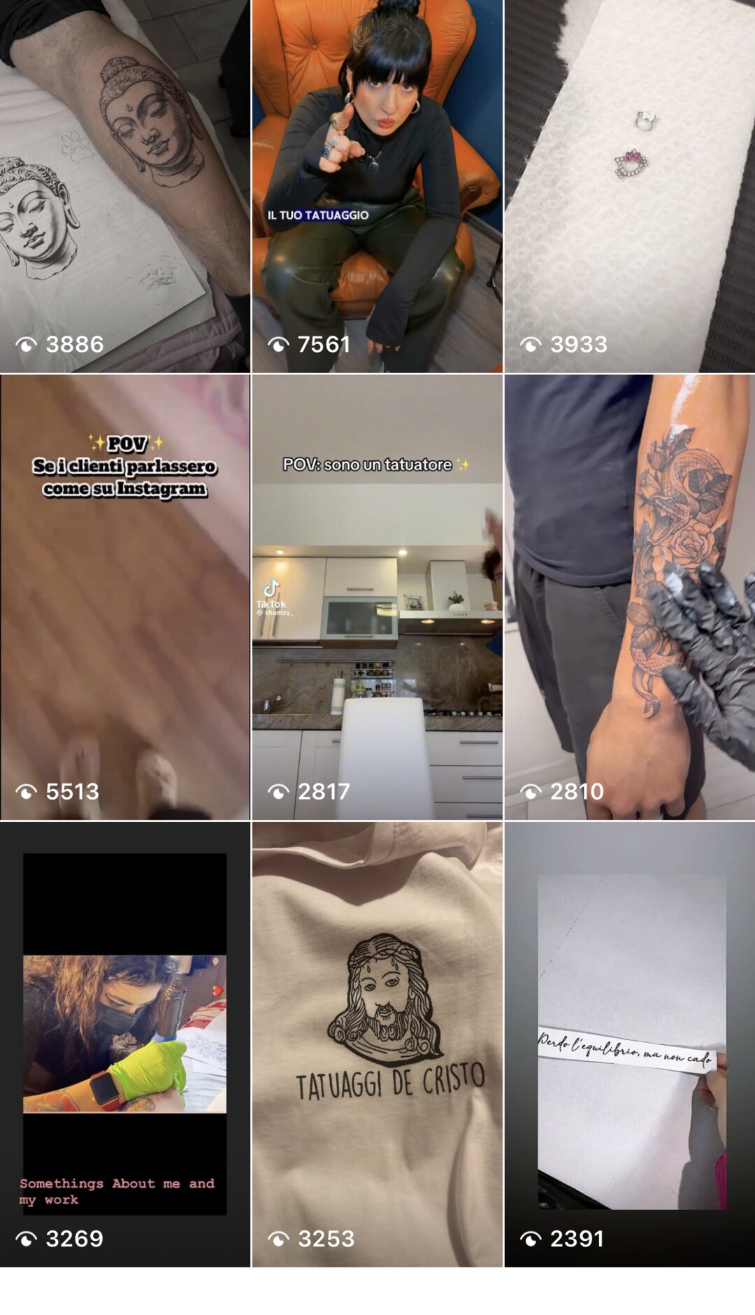 Feed Instagram di Gretattoo prima della gestione: solo foto di tatuaggi finiti, pochissimi reel, pubblicazioni sporadiche