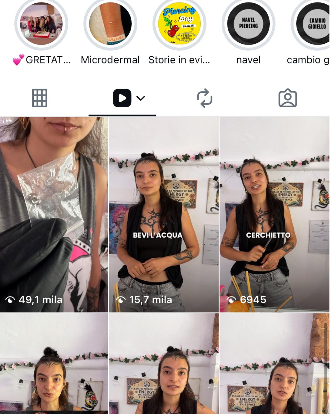Feed Instagram di Orma Piercer dopo la gestione: reel con oltre 75.000 view