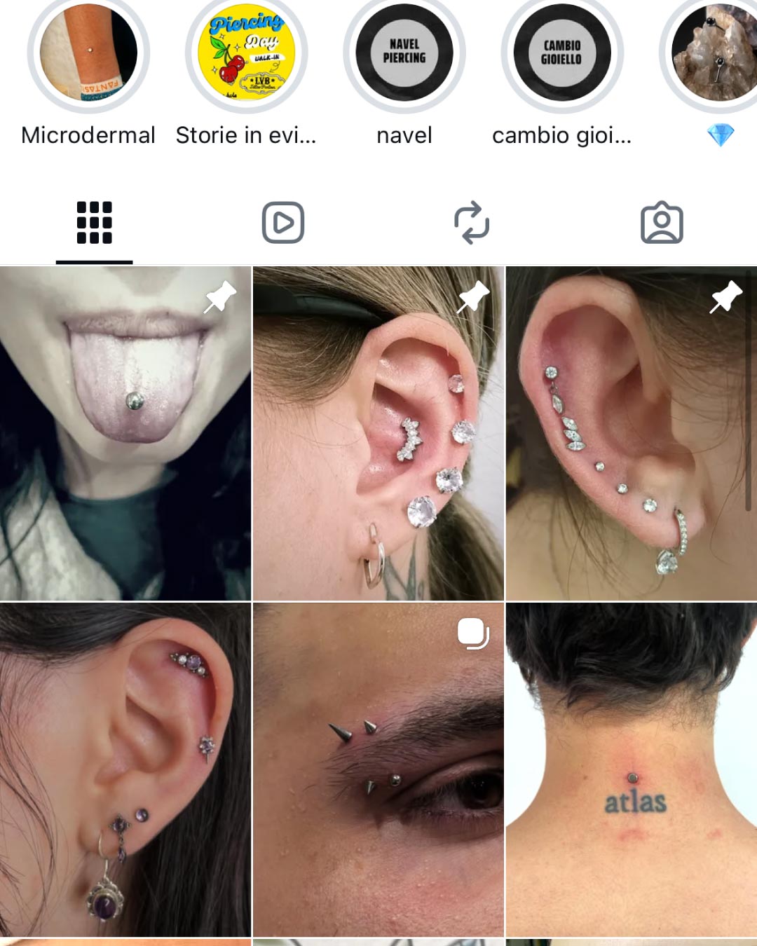 Feed Instagram di Orma Piercer prima della gestione: solo foto di piercing realizzati, nessun reel, pubblicazioni sporadiche